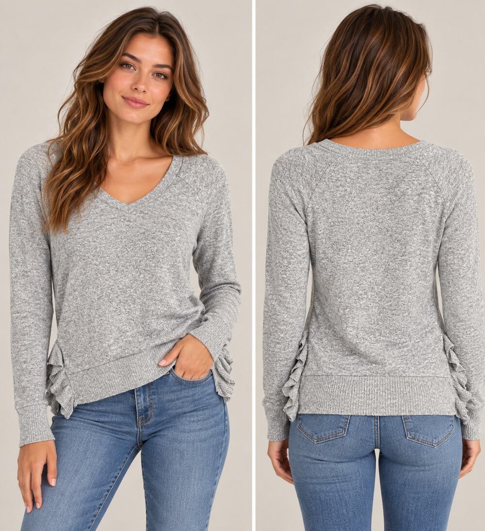 9-H15 STCL Anthropologie Sweater Women SP Gray Ruffle Hem V Neck Made USA